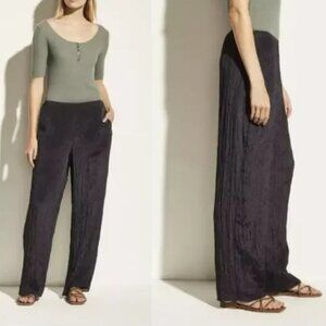 VINCE. TEXTURED WIDE LEG PULL-ON PANTS NAVY BLUE SATIN HIGH RISE RELAXED sz L